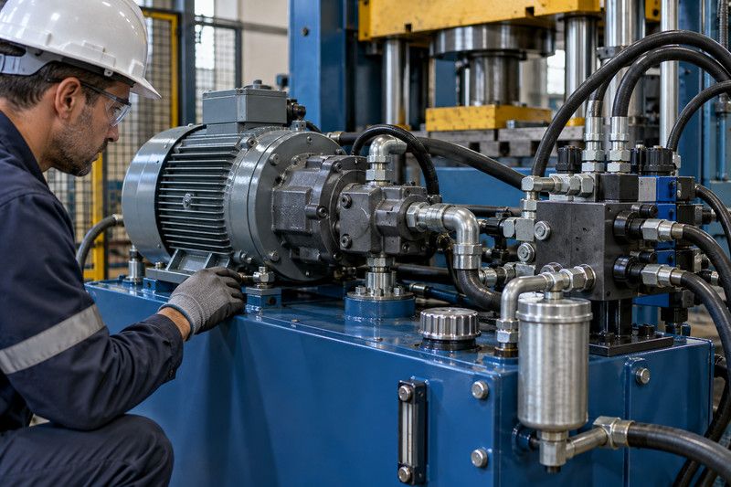 Bomba e unidade hidráulica de prensa industrial avaliadas por possível perda de pressão