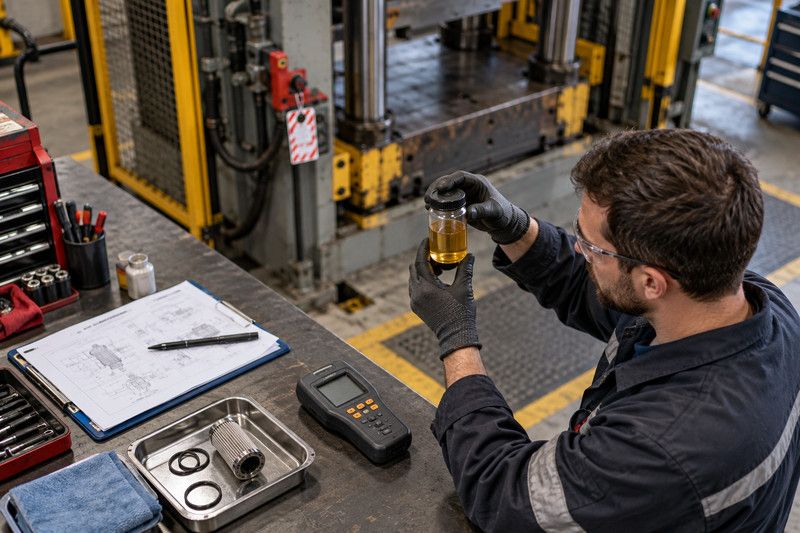 Técnico analisando óleo hidráulico durante diagnóstico de perda de força em prensa