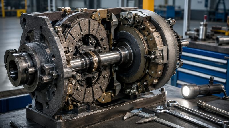 Conjunto de freio e embreagem de prensa industrial em manutenção