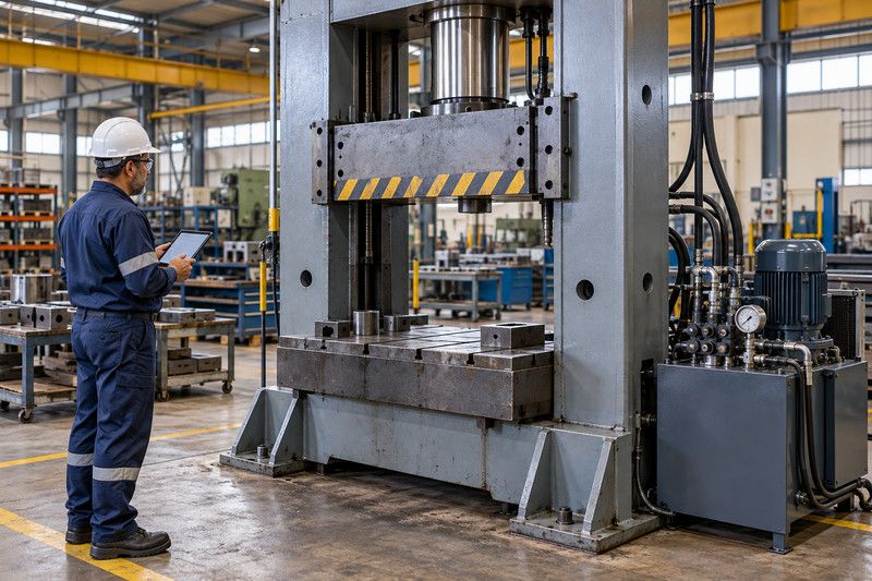 Técnico avaliando prensa hidráulica com perda de força durante a operação