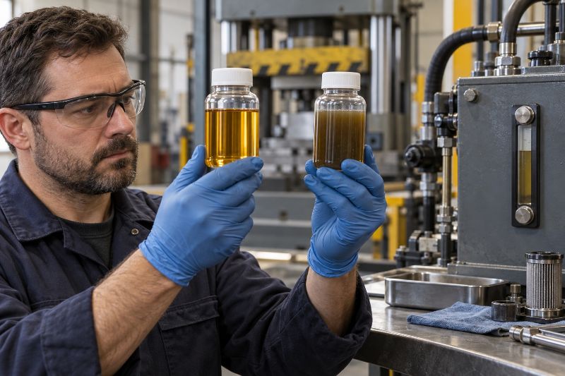 Técnico comparando amostras de óleo hidráulico contaminado e limpo ao lado de prensa hidráulica